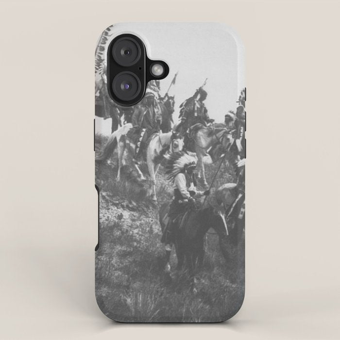 Oglala War Party Native American Oglala tribe in full headdress black and white photograph iPhone Case Gallery Image 1