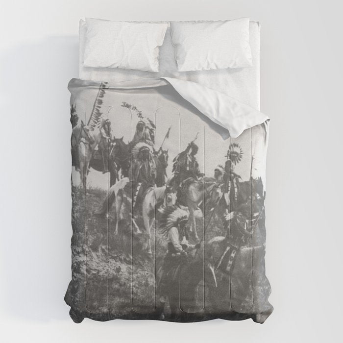 Oglala War Party Native American Oglala tribe in full headdress black and white photograph Comforter Gallery Image 1
