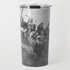 Oglala War Party Native American Oglala tribe in full headdress black and white photograph Travel Mug Gallery Image 1
