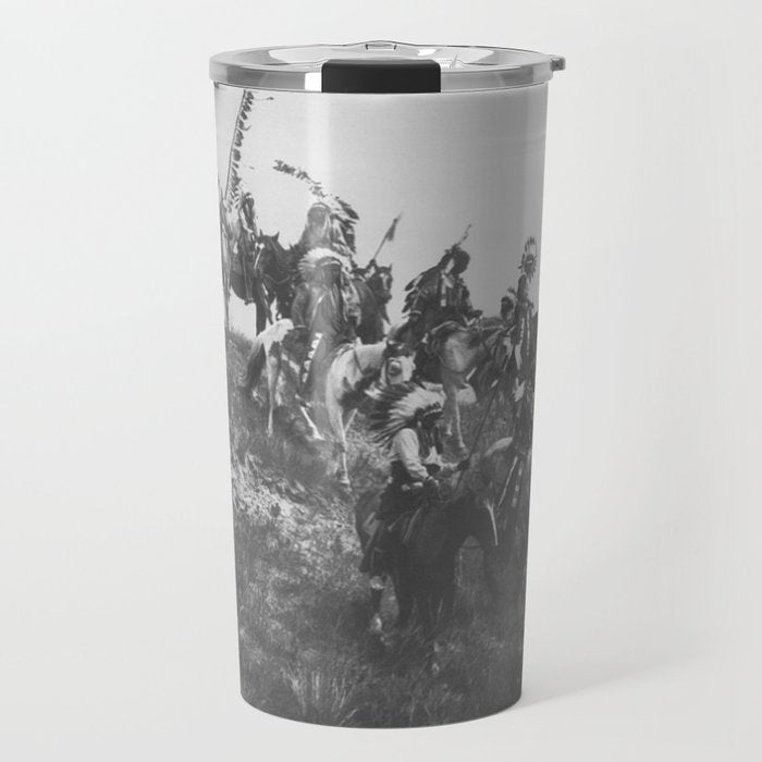 Oglala War Party Native American Oglala tribe in full headdress black and white photograph Travel Mug Gallery Image 1