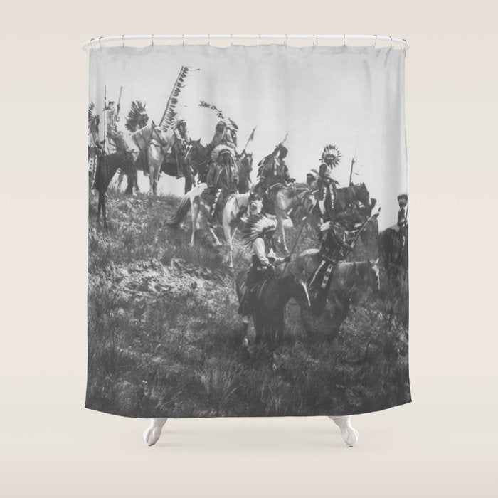 Oglala War Party Native American Oglala tribe in full headdress black and white photograph Shower Curtain Gallery Image 1