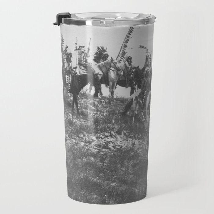 Oglala War Party Native American Oglala tribe in full headdress black and white photograph Travel Mug Gallery Image 3