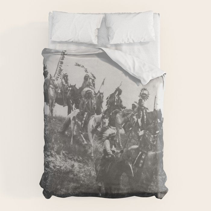 Oglala War Party Native American Oglala tribe in full headdress black and white photograph Duvet Cover Gallery Image 6