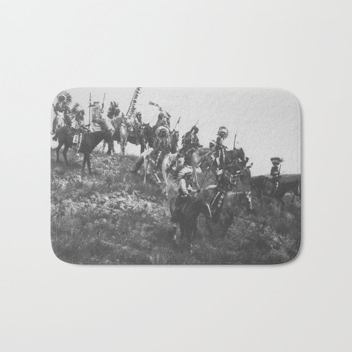 Oglala War Party Native American Oglala tribe in full headdress black and white photograph Bath Mat Gallery Image 1
