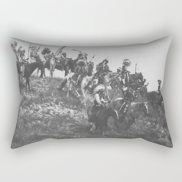 Oglala War Party Native American Oglala tribe in full headdress black and white photograph Rectangular Pillow Gallery Image 2