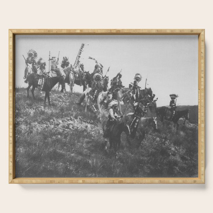 Oglala War Party Native American Oglala tribe in full headdress black and white photograph Serving Tray Gallery Image 1