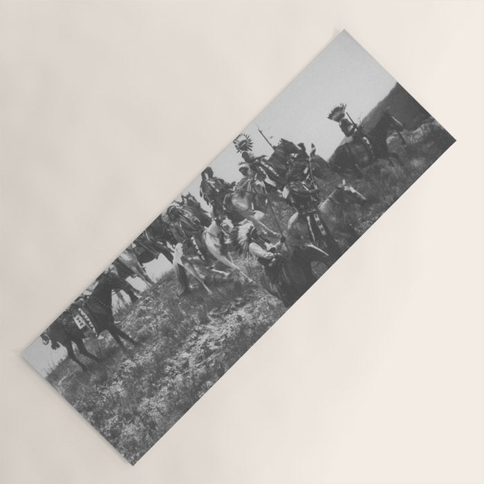 Oglala War Party Native American Oglala tribe in full headdress black and white photograph Yoga Mat Gallery Image 1