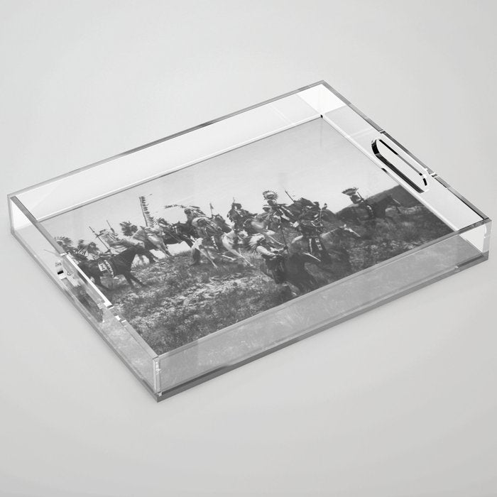 Oglala War Party Native American Oglala tribe in full headdress black and white photograph Acrylic Tray Gallery Image 1