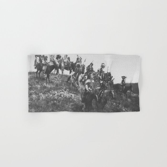 Oglala War Party Native American Oglala tribe in full headdress black and white photograph Bath Towel Gallery Image 1