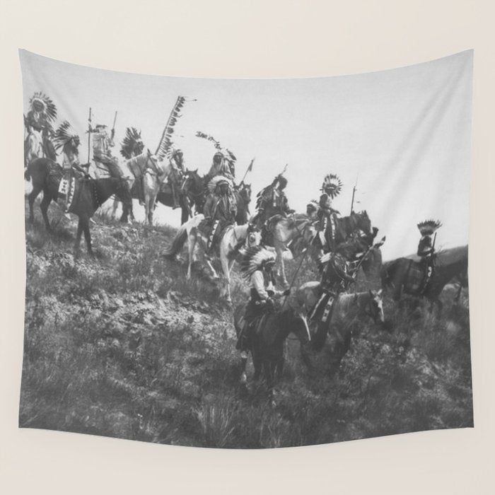 Oglala War Party Native American Oglala tribe in full headdress black and white photograph Wall Tapestry Gallery Image 1