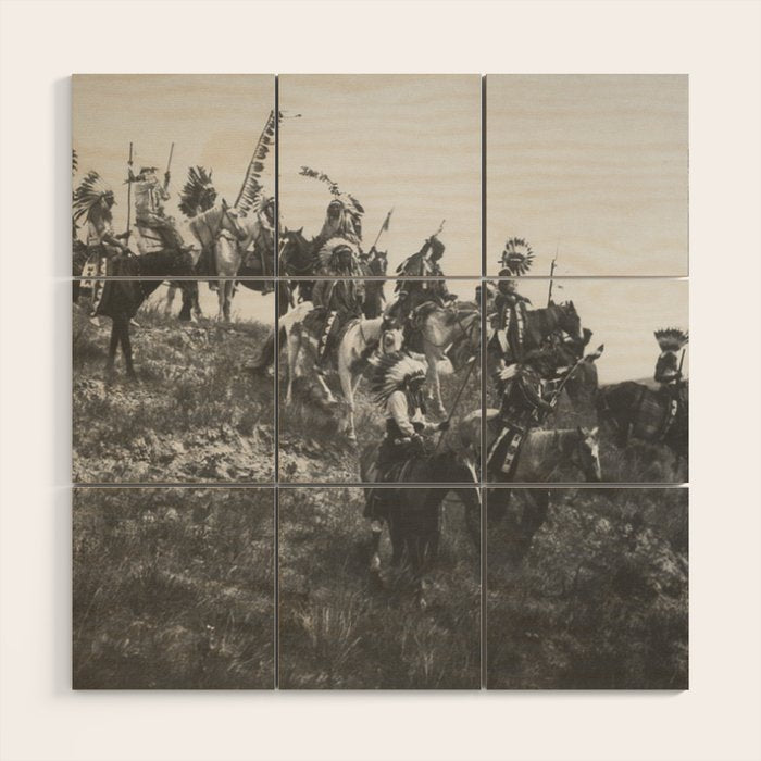 Oglala War Party Native American Oglala tribe in full headdress black and white photograph Wood Wall Art Gallery Image 1