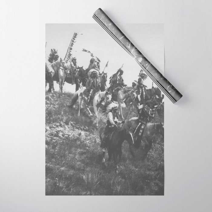 Oglala War Party Native American Oglala tribe in full headdress black and white photograph Wrapping Paper Gallery Image 1