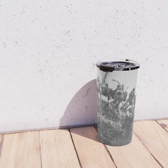 Oglala War Party Native American Oglala tribe in full headdress black and white photograph Travel Mug Gallery Image 4