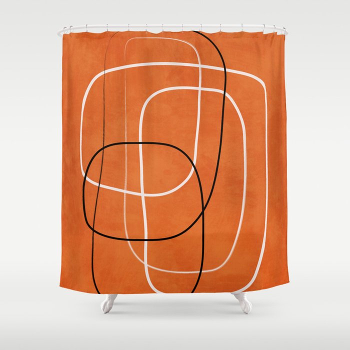 Burnt Orange Black White Lines Abstract Shower Curtain Gallery Image 1