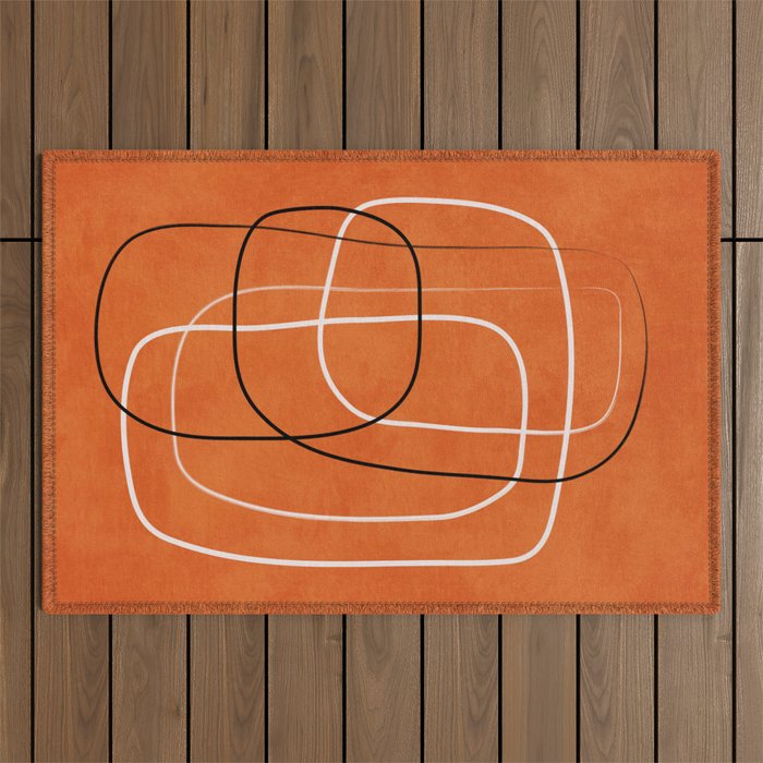 Burnt Orange Black White Lines Abstract Outdoor Rug Gallery Image 1