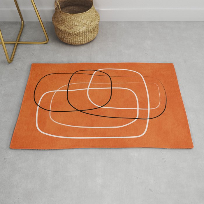 Burnt Orange Black White Lines Abstract Rug Gallery Image 1
