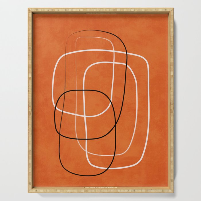 Burnt Orange Black White Lines Abstract Serving Tray Gallery Image 1