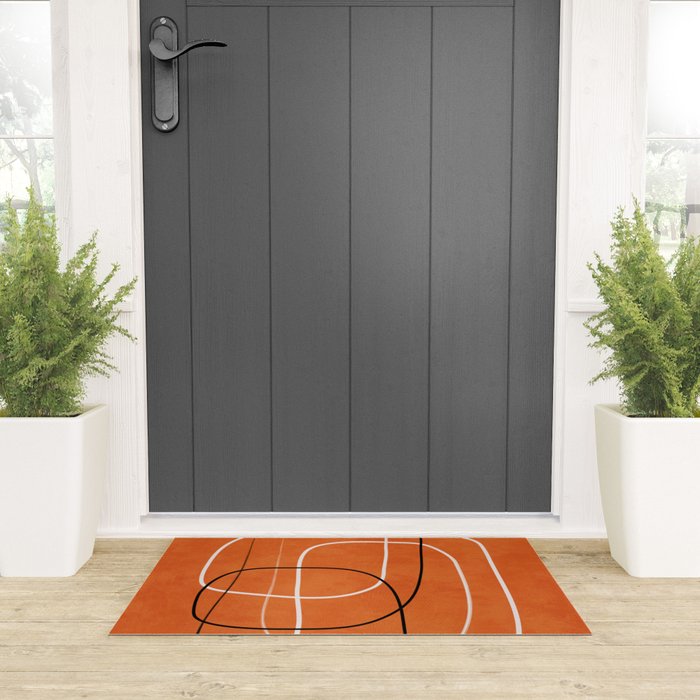 Burnt Orange Black White Lines Abstract Welcome Mat Gallery Image 3