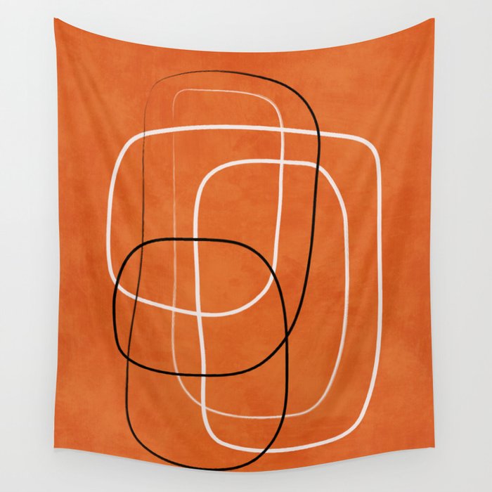 Burnt Orange Black White Lines Abstract Wall Tapestry Gallery Image 1