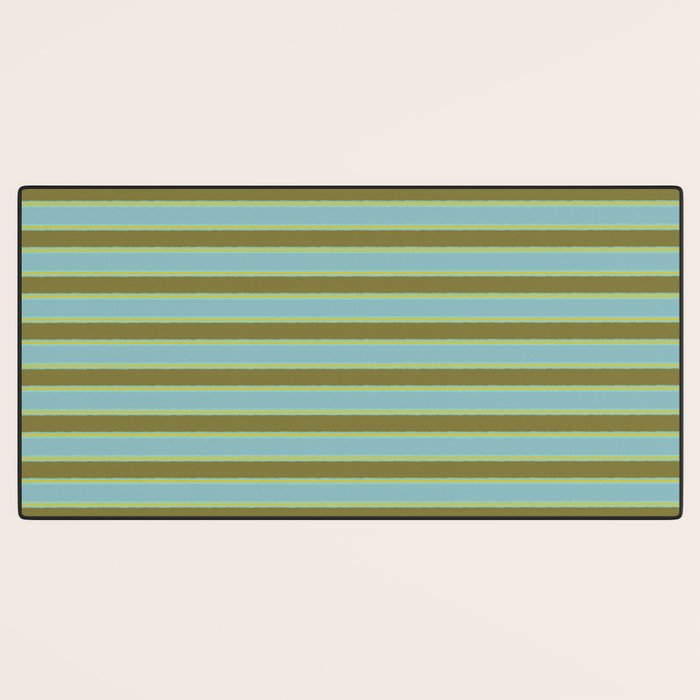 Cottage Stripes Pattern in Olive Green Arctic Blue and Chartreuse Desk Mat Gallery Image 3