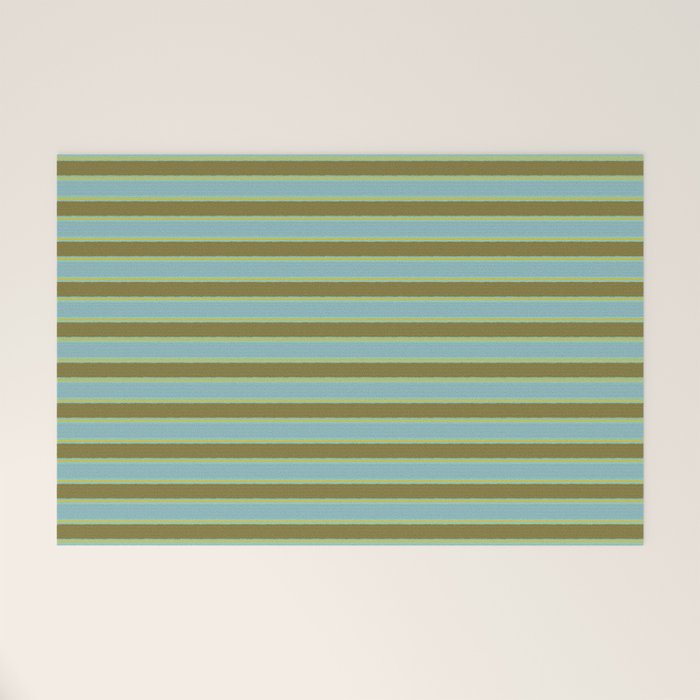 Cottage Stripes Pattern in Olive Green Arctic Blue and Chartreuse Welcome Mat Gallery Image 1