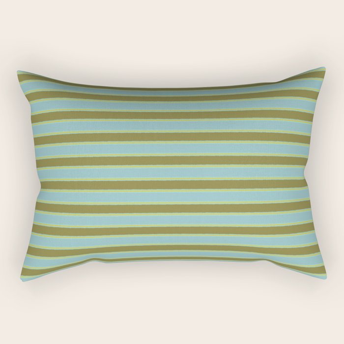 Cottage Stripes Pattern in Olive Green Arctic Blue and Chartreuse Rectangular Pillow Gallery Image 2