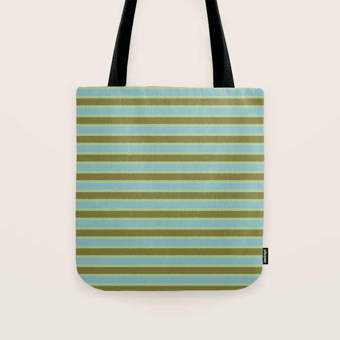 Cottage Stripes Pattern in Olive Green Arctic Blue and Chartreuse Tote Bag Gallery Image 1