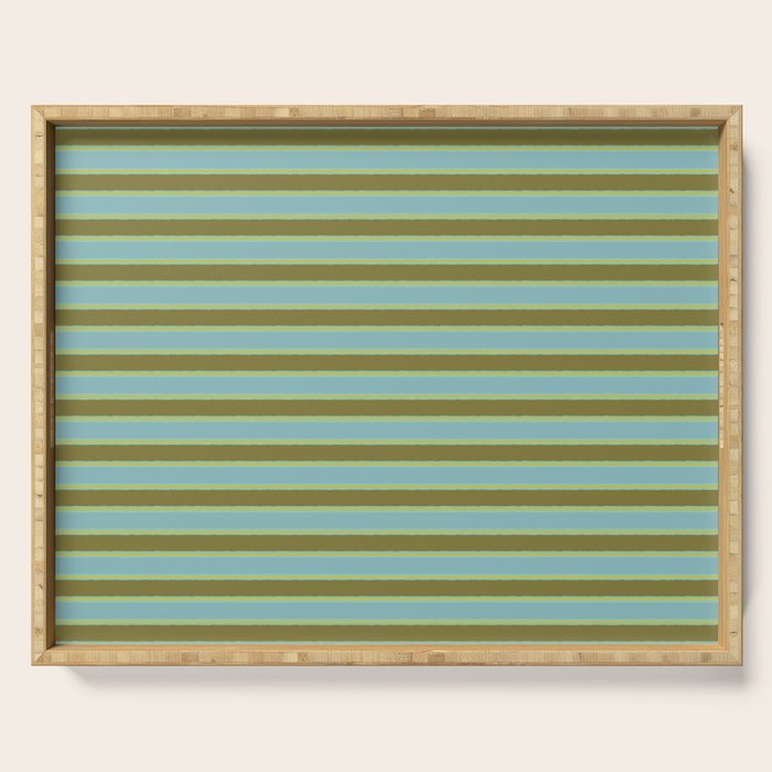 Cottage Stripes Pattern in Olive Green Arctic Blue and Chartreuse Serving Tray Gallery Image 1