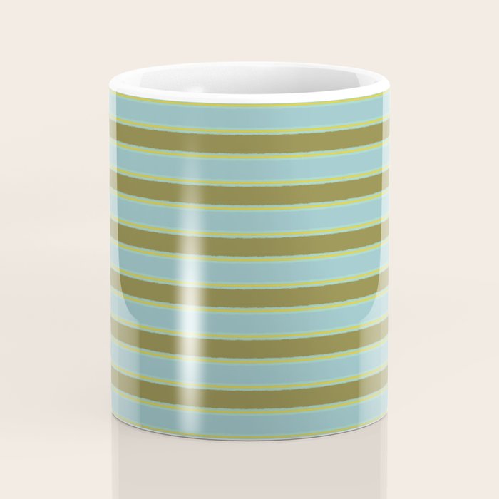 Cottage Stripes Pattern in Olive Green Arctic Blue and Chartreuse Coffee Mug Gallery Image 4