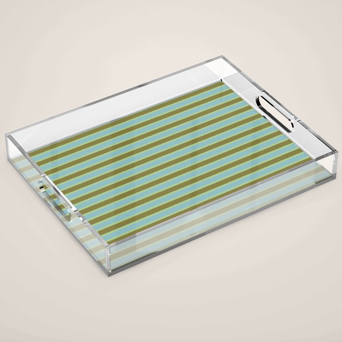 Cottage Stripes Pattern in Olive Green Arctic Blue and Chartreuse Acrylic Tray Gallery Image 1