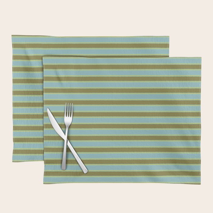 Cottage Stripes Pattern in Olive Green Arctic Blue and Chartreuse Placemat Gallery Image 1