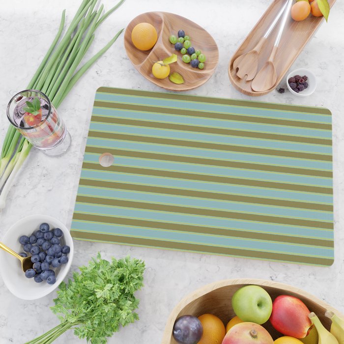 Cottage Stripes Pattern in Olive Green Arctic Blue and Chartreuse Cutting Board Gallery Image 2