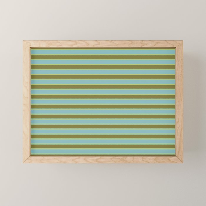Cottage Stripes Pattern in Olive Green Arctic Blue and Chartreuse Mini Art Print Gallery Image 1