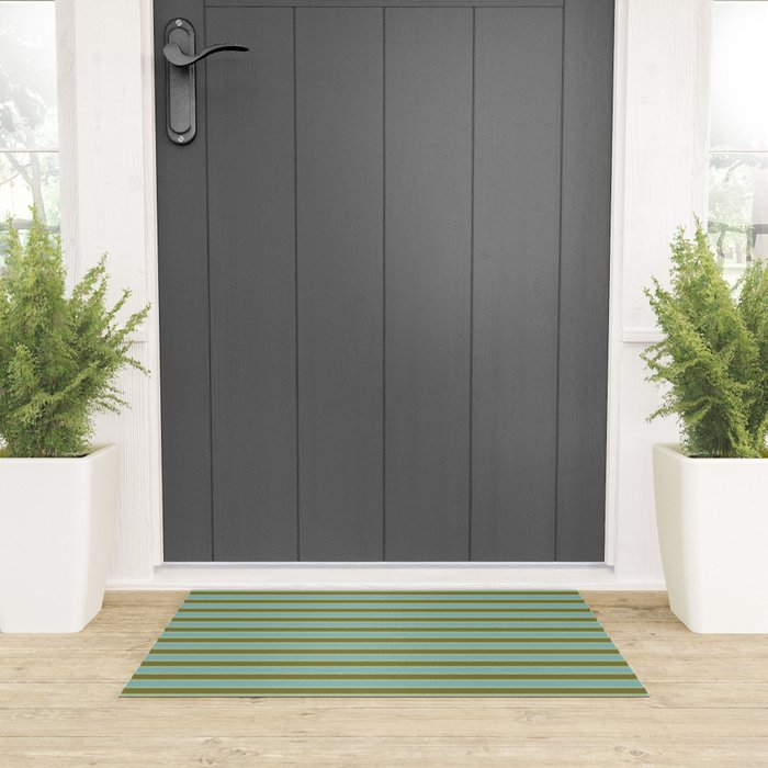 Cottage Stripes Pattern in Olive Green Arctic Blue and Chartreuse Welcome Mat Gallery Image 3