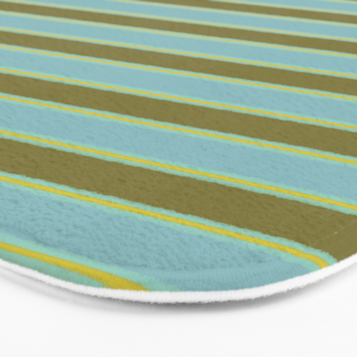 Cottage Stripes Pattern in Olive Green Arctic Blue and Chartreuse Bath Mat Gallery Image 3