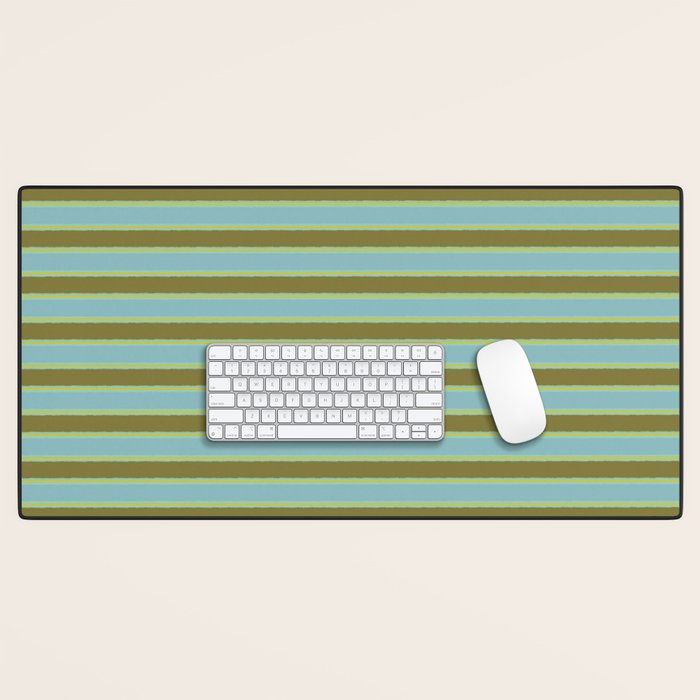 Cottage Stripes Pattern in Olive Green Arctic Blue and Chartreuse Desk Mat Gallery Image 1