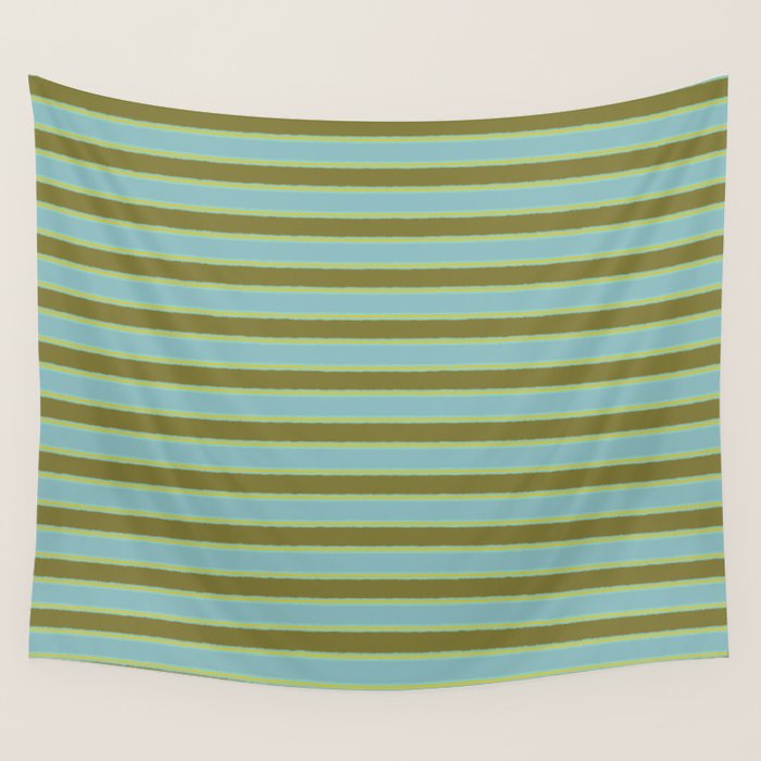 Cottage Stripes Pattern in Olive Green Arctic Blue and Chartreuse Wall Tapestry Gallery Image 1
