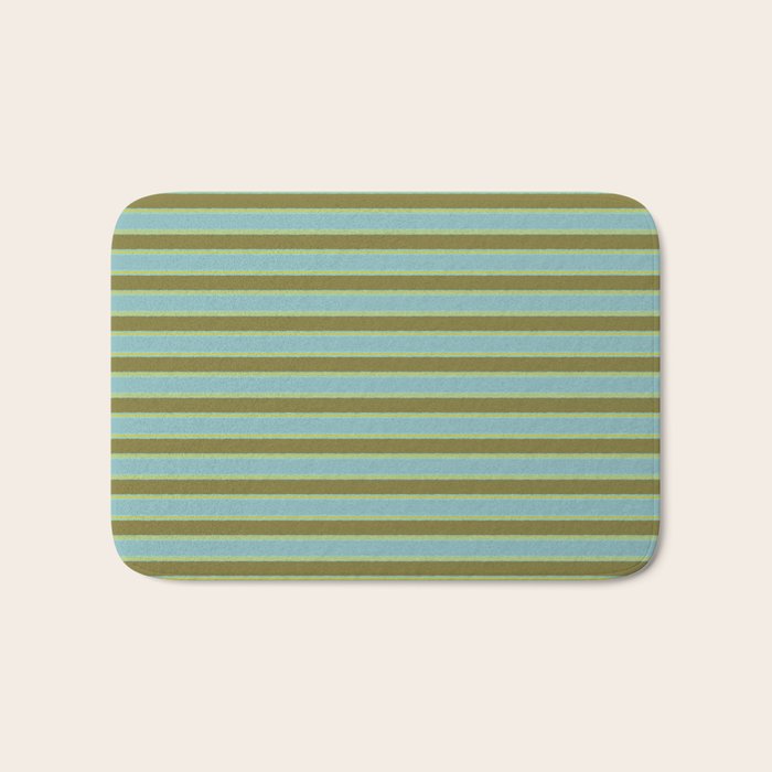Cottage Stripes Pattern in Olive Green Arctic Blue and Chartreuse Bath Mat Gallery Image 1