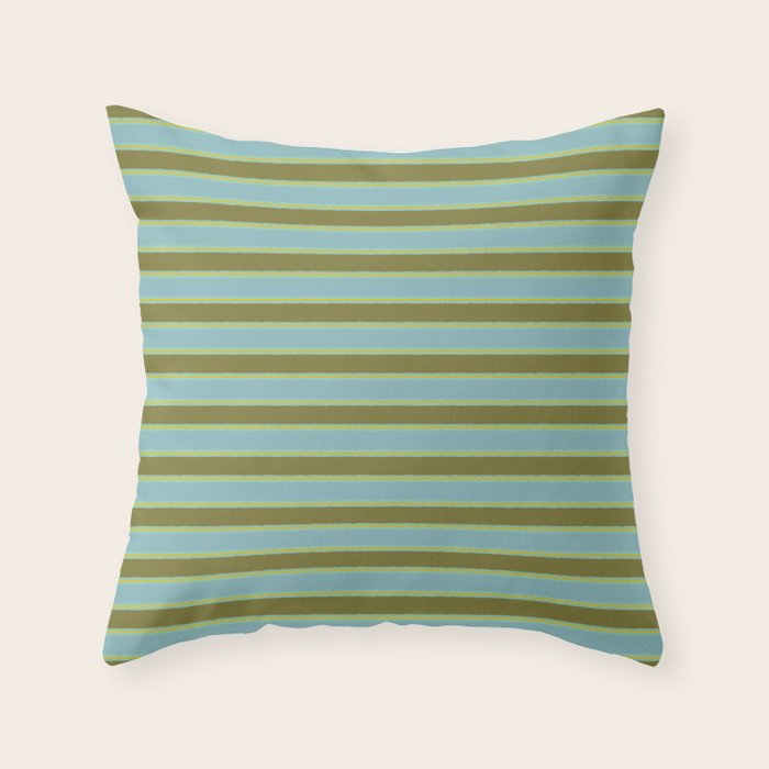 Cottage Stripes Pattern in Olive Green Arctic Blue and Chartreuse Throw Pillow Gallery Image 1
