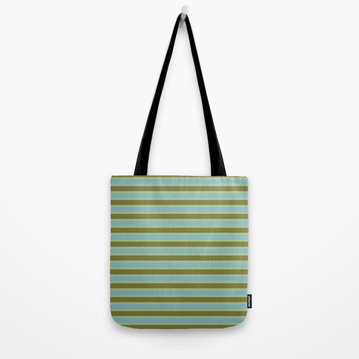 Cottage Stripes Pattern in Olive Green Arctic Blue and Chartreuse Tote Bag Gallery Image 2