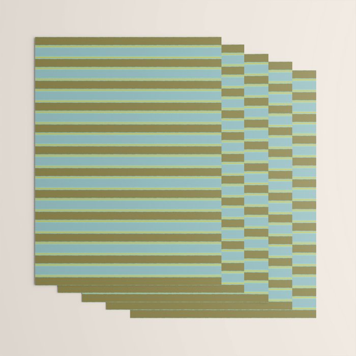 Cottage Stripes Pattern in Olive Green Arctic Blue and Chartreuse Wrapping Paper Gallery Image 3