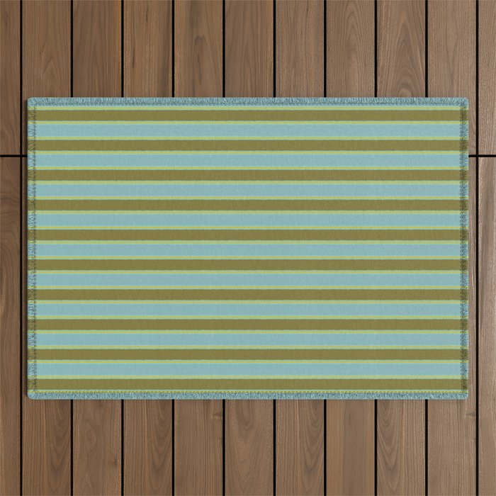 Cottage Stripes Pattern in Olive Green Arctic Blue and Chartreuse Outdoor Rug Gallery Image 1