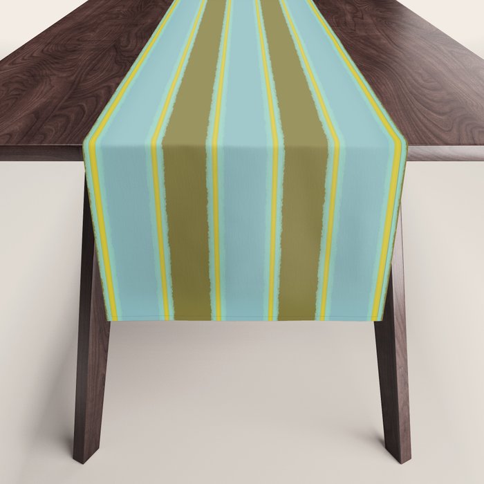 Cottage Stripes Pattern in Olive Green Arctic Blue and Chartreuse Table Runner Gallery Image 1