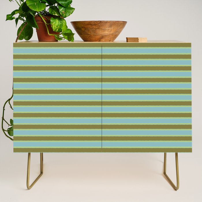 Cottage Stripes Pattern in Olive Green Arctic Blue and Chartreuse Credenza Gallery Image 1
