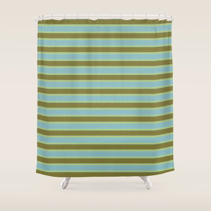 Cottage Stripes Pattern in Olive Green Arctic Blue and Chartreuse Shower Curtain Gallery Image 1