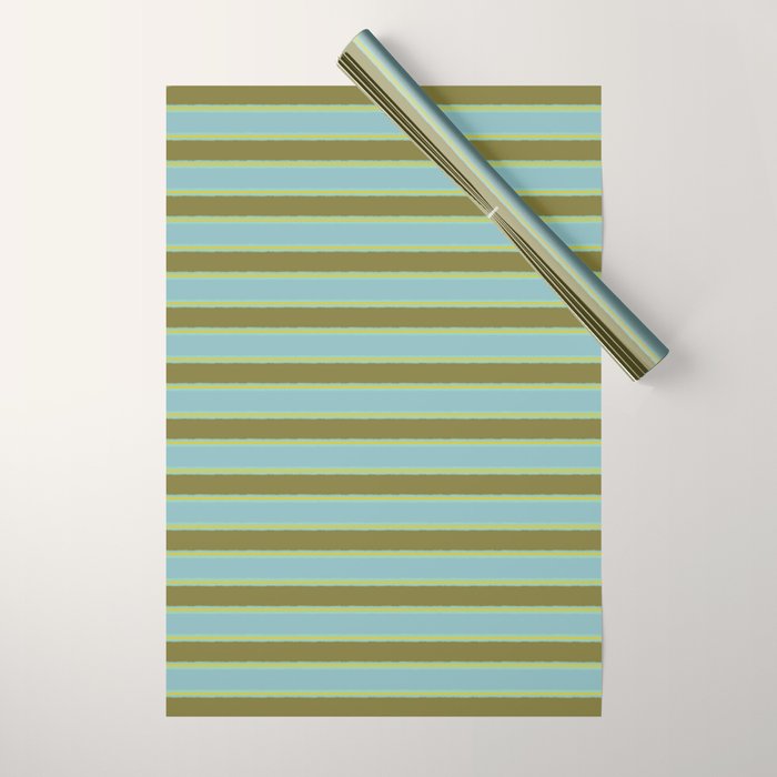 Cottage Stripes Pattern in Olive Green Arctic Blue and Chartreuse Wrapping Paper Gallery Image 1