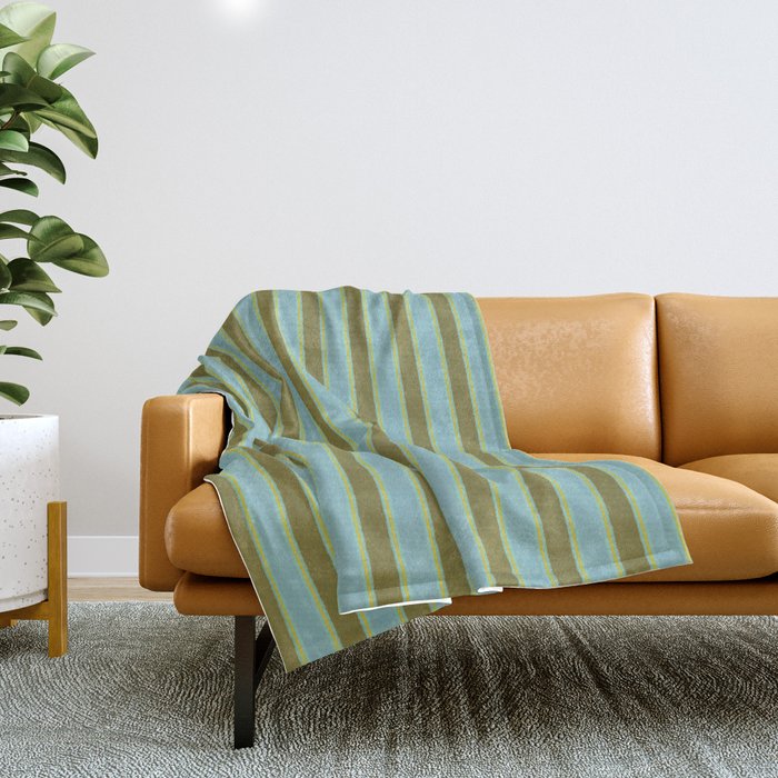 Cottage Stripes Pattern in Olive Green Arctic Blue and Chartreuse Throw Blanket Gallery Image 1