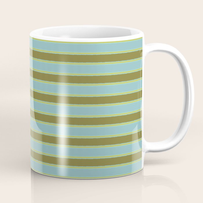 Cottage Stripes Pattern in Olive Green Arctic Blue and Chartreuse Coffee Mug Gallery Image 1