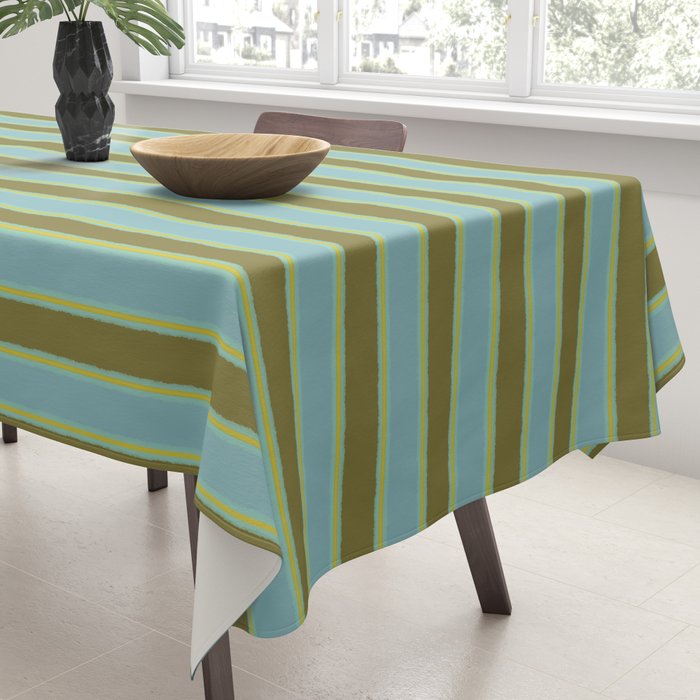 Cottage Stripes Pattern in Olive Green Arctic Blue and Chartreuse Tablecloth Gallery Image 3