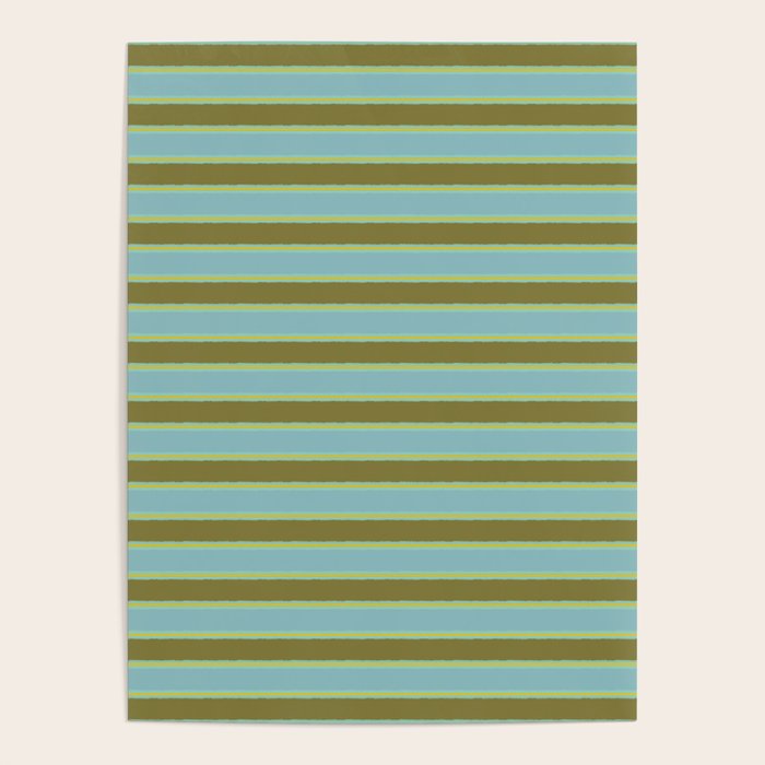 Cottage Stripes Pattern in Olive Green Arctic Blue and Chartreuse Poster Gallery Image 4